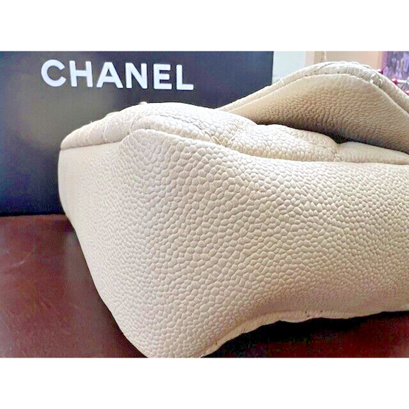 100% AUTHENTIC CHANEL CLASSIC EASY FLAP JUMBO CAVIAR BAG BEIGE QUILTED SILVER - Picture 8 of 16